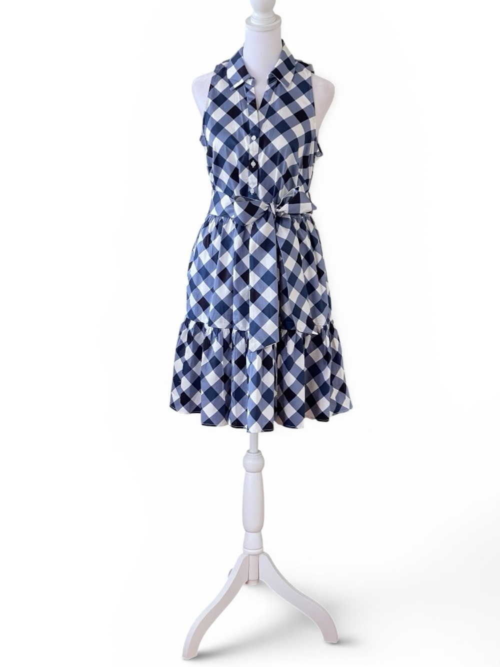 Tommy Hilfiger Navy Blue White Check Shirt Dress Sz 4 Sleeveless Pockets Tie NWT - Picture 3 of 14